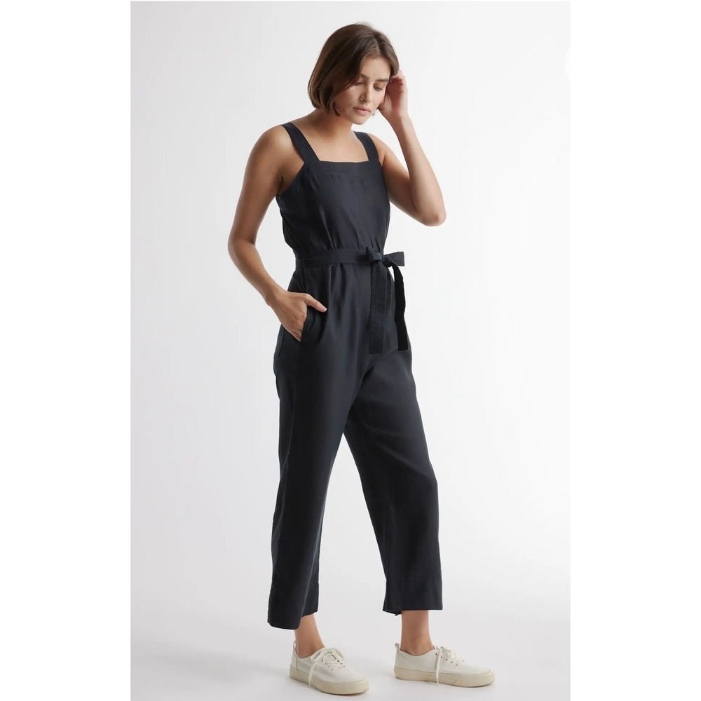 Quince European Linen Square Neck Jumpsuit XS Black Belted Minimalist